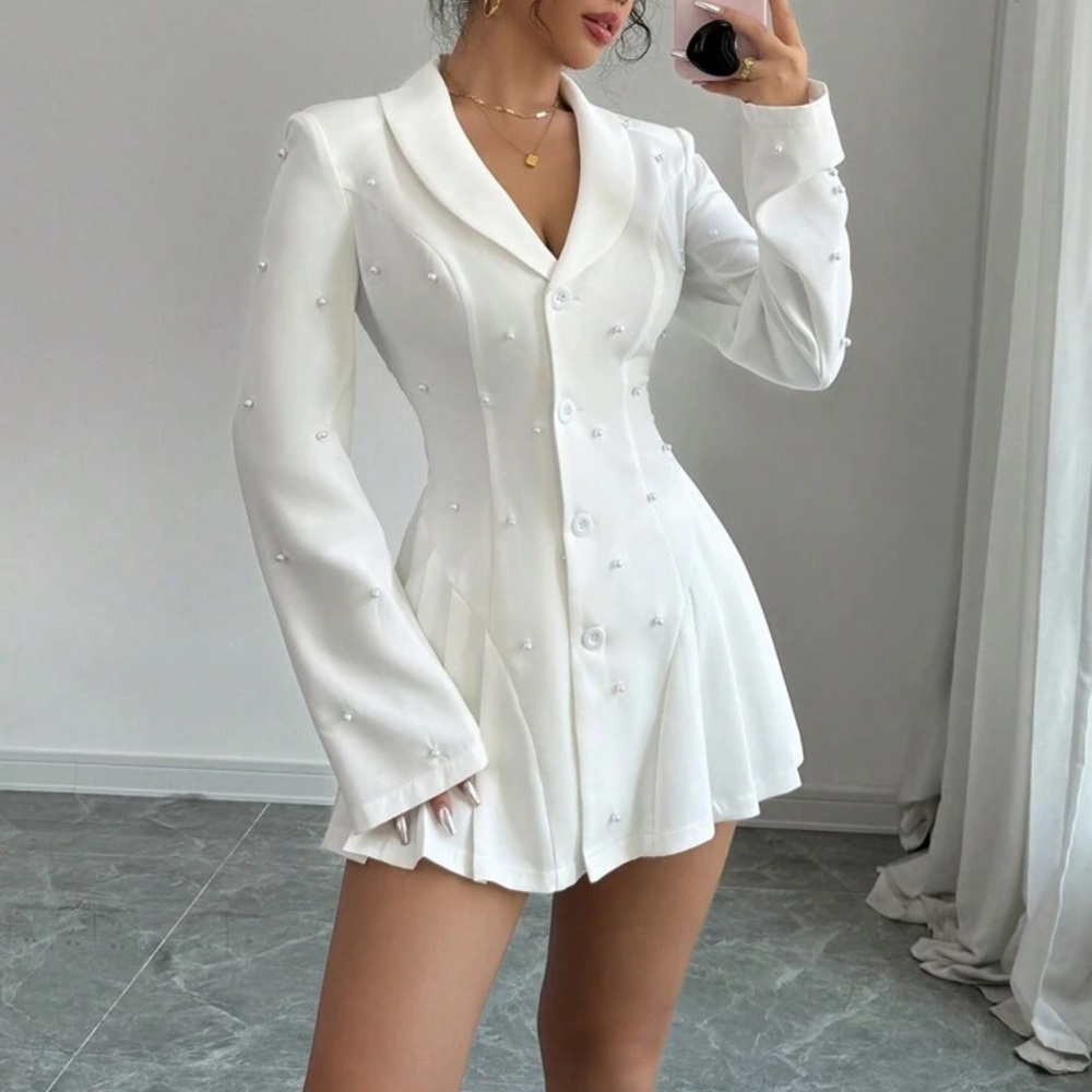 Elegant White Pearl-Embellished Dress